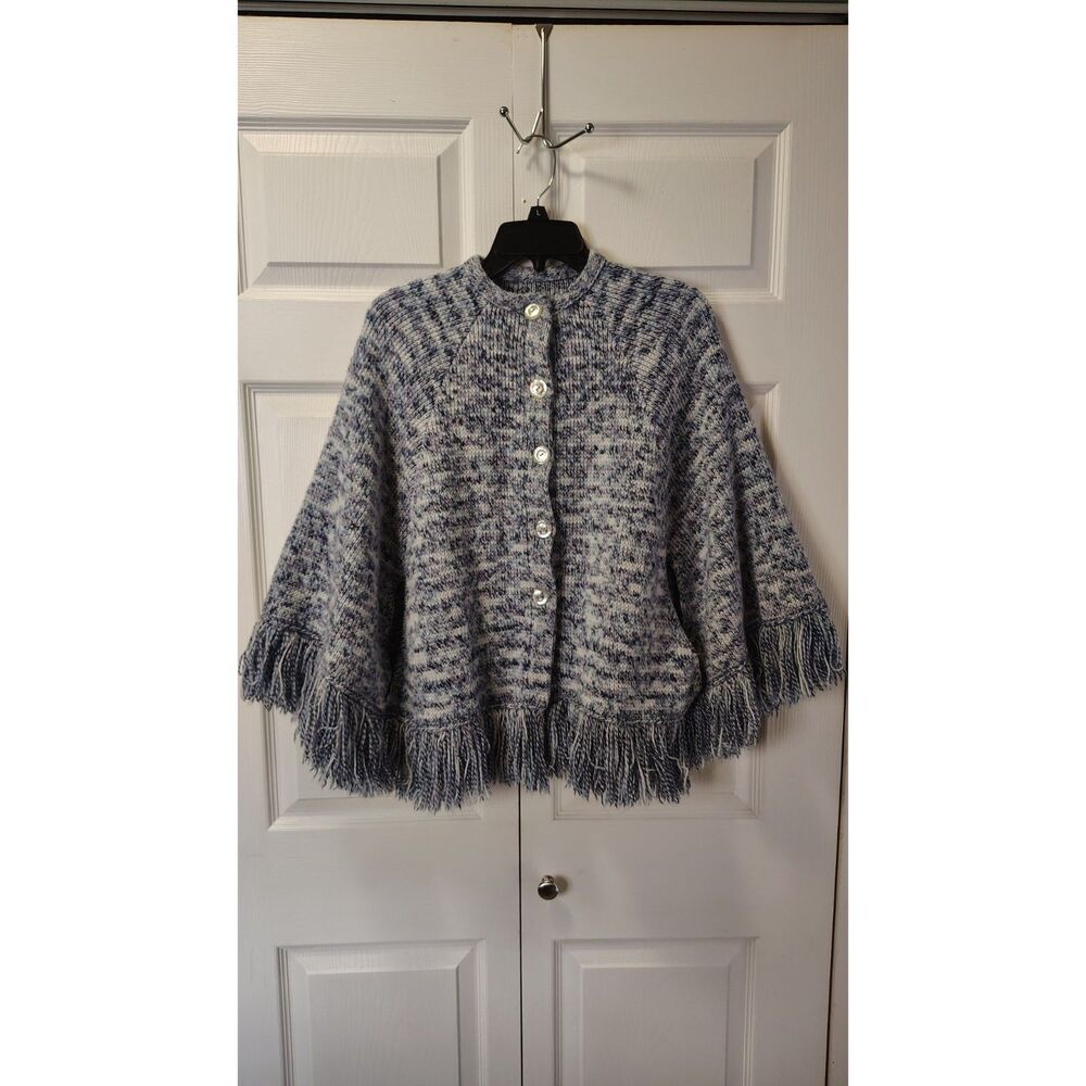 Blue Knit‎ Fringe Poncho Cape